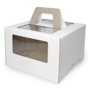 Kutija za tortu sa prozorom, sa ručkamai 240x240x200 mm mikro valovit karton bela (25 kom/pak)