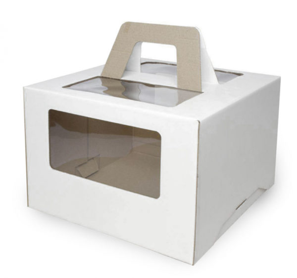 Kutija za tortu sa prozorom, sa ručkamai 240x240x200 mm mikro valovit karton bela (50 kom/pak)
