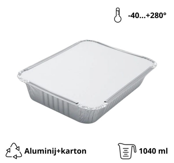 Aluminijumska posuda sa poklopcem 1040 ml 225х175х35 mm, 100 kom (komplet)