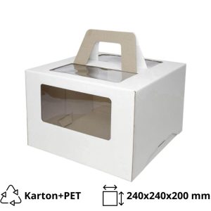 Kutija za tortu sa prozorom, sa ručkamai 240x240x200 mm mikro valovit karton bela [102 kom/pak]