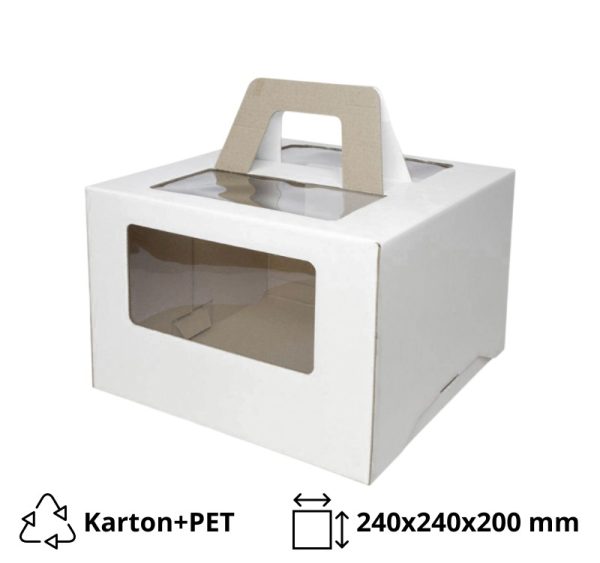 Kutija za tortu sa prozorom, sa ručkamai 240x240x200 mm mikro valovit karton bela [102 kom/pak]