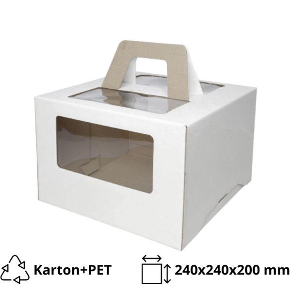 Kutija za tortu sa prozorom, sa ručkamai 240x240x200 mm mikro valovit karton bela [102 kom/pak]
