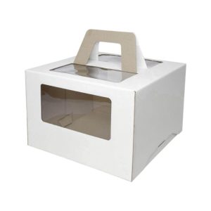 Kutija za tortu sa prozorom, sa ručkamai 240x240x200 mm mikro valovit karton bela [102 kom/pak]