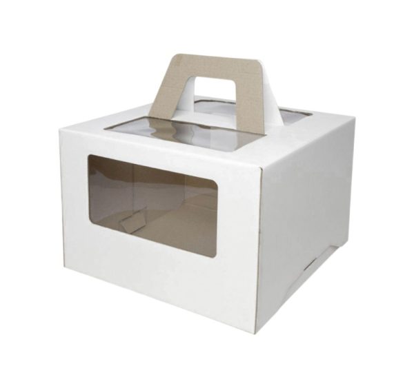Kutija za tortu sa prozorom, sa ručkamai 240x240x200 mm mikro valovit karton bela [102 kom/pak]