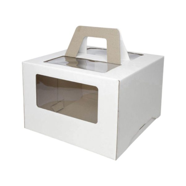 Kutija za tortu sa prozorom, sa ručkamai 240x240x200 mm mikro valovit karton bela [102 kom/pak]