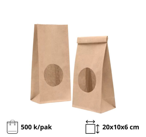 Papirna kesa pravougaono dno sa okruglim prozorom 200х100х60 mm kraft, prozori 7 cm [500 kom/pak]