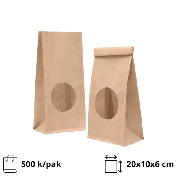 Papirna kesa pravougaono dno sa okruglim prozorom 200х100х60 mm kraft, prozori 7 cm [500 kom/pak]