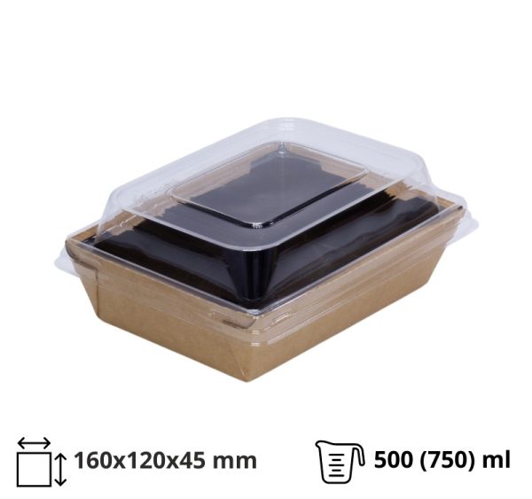 Kartonska kutija sa kupolnim poklopcem Crystal Box 500 (750) ml 160x120x45 mm kraft/crna [60 kom/pak]