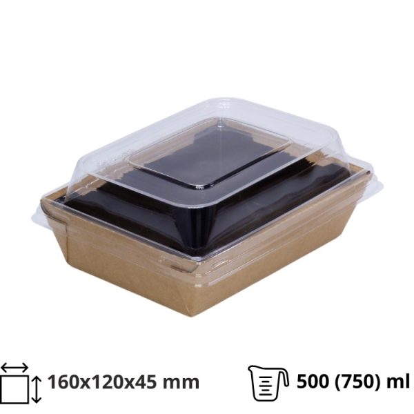 Kartonska kutija sa kupolnim poklopcem Crystal Box 500 (750) ml 160x120x45 mm kraft/crna [60 kom/pak]