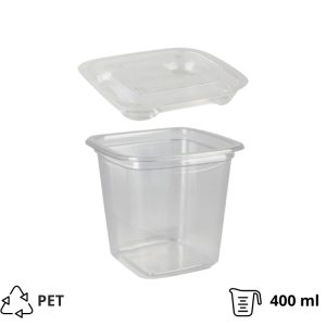 Posuda PET 400 ml 93x93xx92mm, providna, sa poklopcem, 500 kom (komplet)