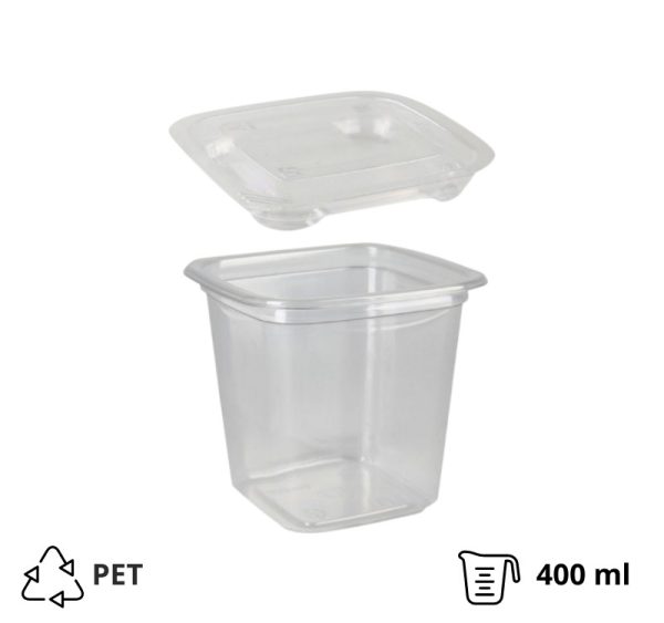 Posuda PET 400 ml 93x93xx92mm, providna, sa poklopcem, 500 kom (komplet)