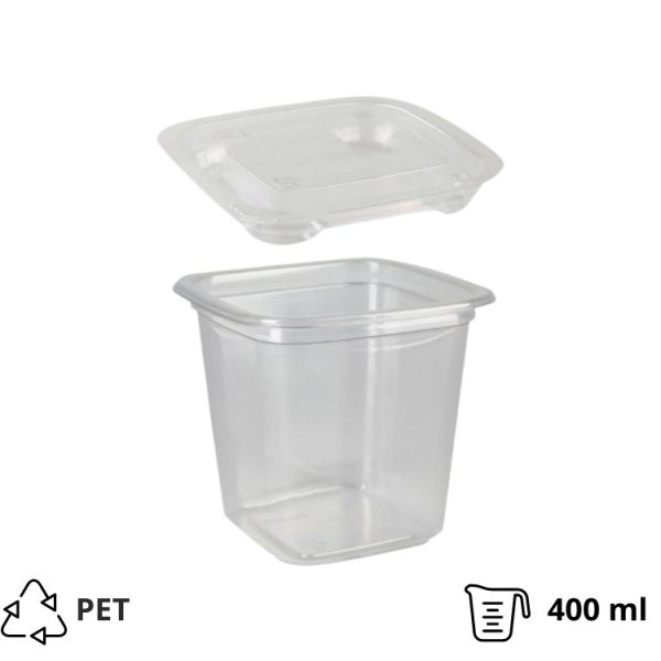 Posuda PET 400 ml 93x93xx92mm, providna, sa poklopcem, 500 kom (komplet)