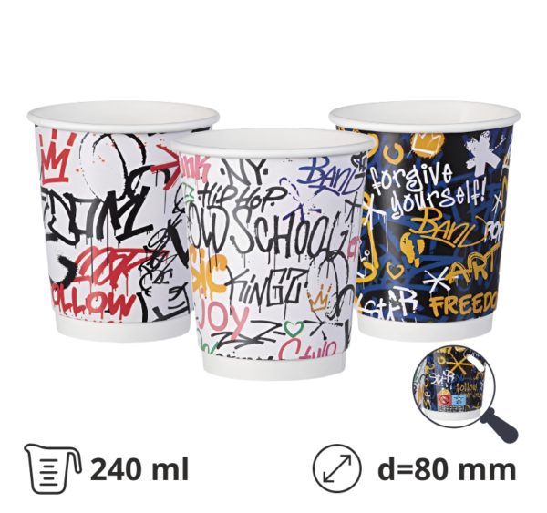 Čaša papirnata termo 240 ml d=80 mm Graffiti Mix SUP [25 kom/pak]