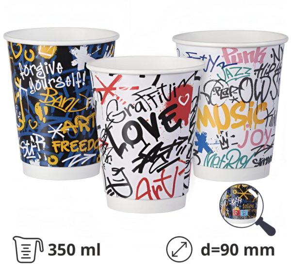 Čaša papirnata termo 350 ml d=90 mm Graffiti Mix SUP [25 kom/pak]