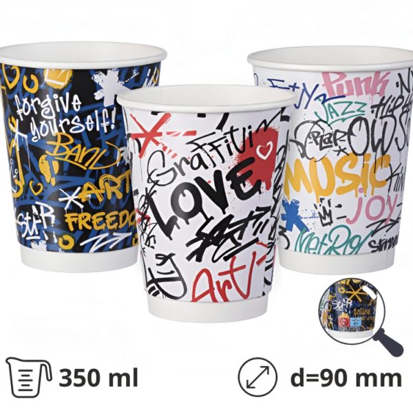 Čaša papirnata termo 350 ml d=90 mm Graffiti Mix SUP [25 kom/pak]