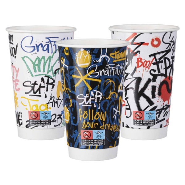 Čaša papirnata termo 450 ml d=90 mm Graffiti Mix SUP [25 kom/pak]
