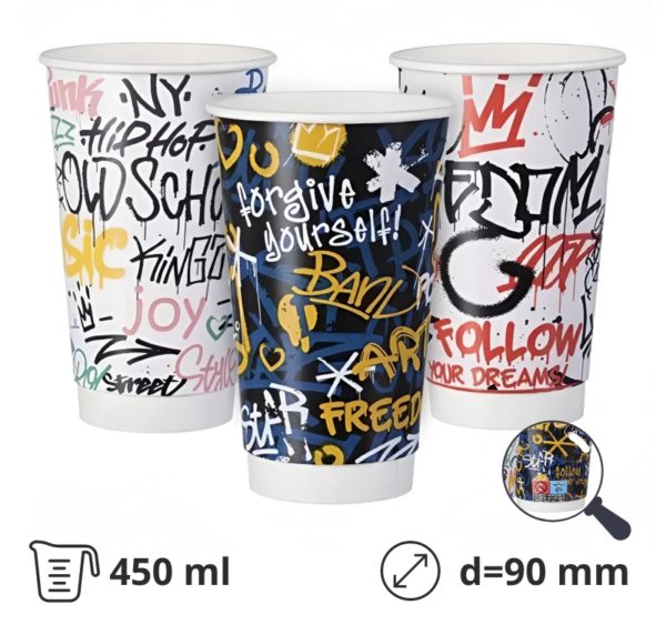 Čaša papirnata termo 450 ml d=90 mm Graffiti Mix SUP [25 kom/pak]