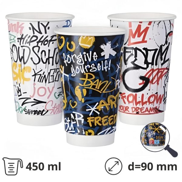 Čaša papirnata termo 450 ml d=90 mm Graffiti Mix SUP [25 kom/pak]