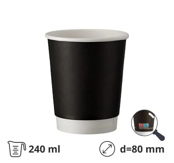Čaša papirnata termo 240 ml d=80 mm crna SUP [25 kom/pak]