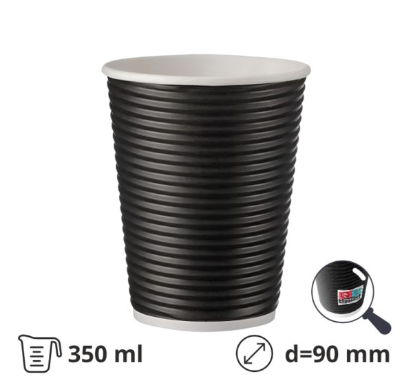 Čaša papirnata termo 350 ml d=90 mm ripple crna SUP [25 kom/pak]