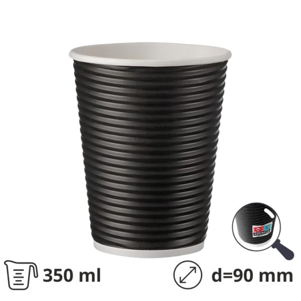 Čaša papirnata termo 350 ml d=90 mm ripple crna SUP [25 kom/pak]