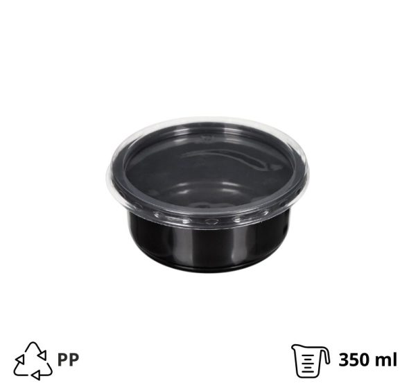 Posuda PP 350 ml d=115 mm h=58,6 mm crna sa poklopcem, 50 kom (komplet)