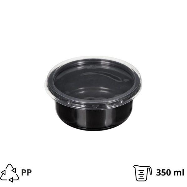 Posuda PP 350 ml d=115 mm h=58,6 mm crna sa poklopcem, 50 kom (komplet)