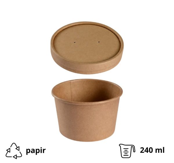 Kartonska posuda za supu 240 ml d=90 mm h=60 mm kraft s poklopcem 25 kom/pak (komplet)