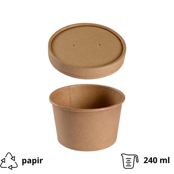 Kartonska posuda za supu 240 ml d=90 mm h=60 mm kraft s poklopcem 25 kom/pak (komplet)