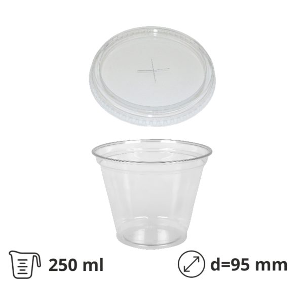 Čaša rPET za poklopcem sa rupom 250 ml d=95 mm h=80 mm, 100 kom (komplet)
