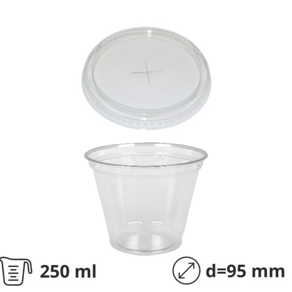 Čaša rPET za poklopcem sa rupom 250 ml d=95 mm h=80 mm, 100 kom (komplet)
