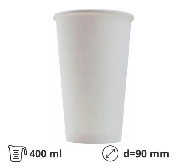 Čaša papirnata 1-sl 400 ml d=90 mm bela 50 kom