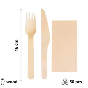 Drveni pribor 16 cm nož viljuška salveta 50 kom