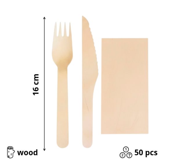 Drveni pribor 16 cm nož viljuška salveta 50 kom