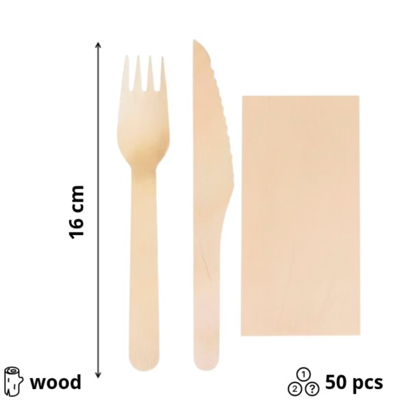 Drveni pribor 16 cm nož viljuška salveta 50 kom