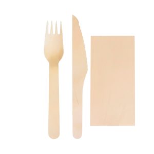 Drveni pribor 16 cm nož viljuška salveta 50 kom