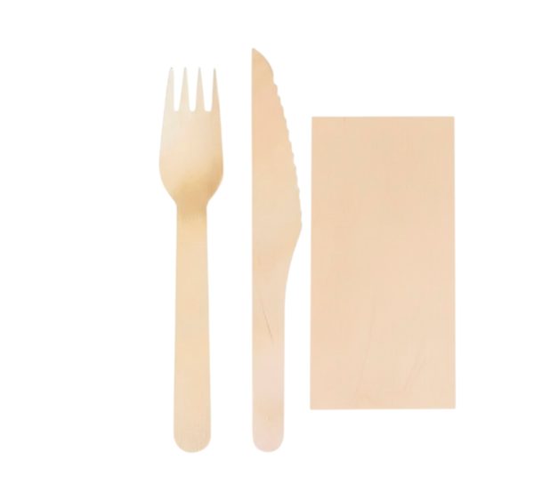 Drveni pribor 16 cm nož viljuška salveta 50 kom