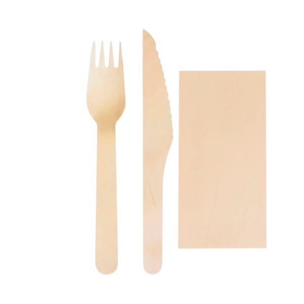 Drveni pribor 16 cm nož viljuška salveta 50 kom