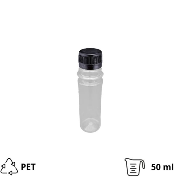 Flaša PET za sos 50 ml sa crnim poklopcem d=28 mm, 200 kom