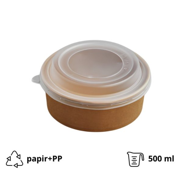 Papirnata posuda 500 ml d=145 mm h=54 mm, kraft, sa poklopcem PP 50 kom