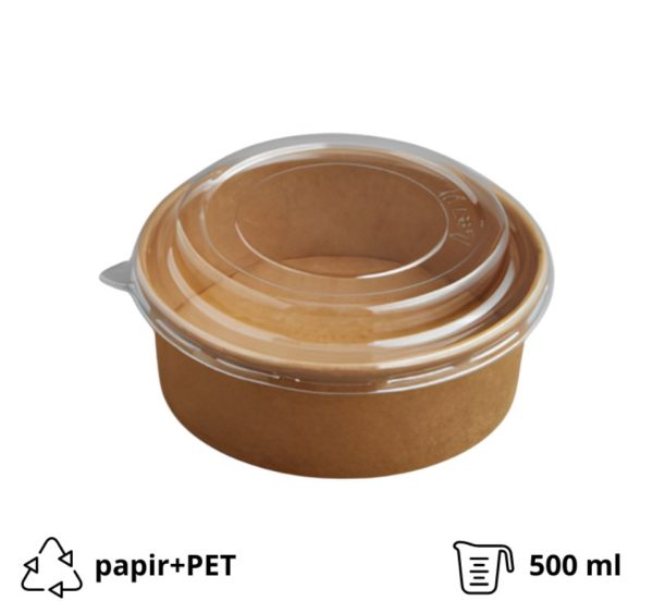 Papirnata posuda 500 ml d=145 mm h=54 mm, kraft, sa poklopcem PET, 50 kom
