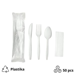 Komplet 4: viljuška, nož, kašika, salveta [50 kom/pak]