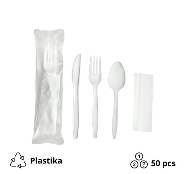 Komplet 4: viljuška, nož, kašika, salveta [50 kom/pak]