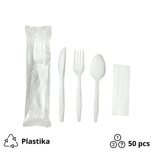 Komplet 4: viljuška, nož, kašika, salveta [50 kom/pak]