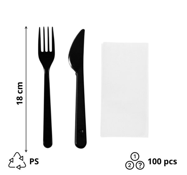 Komplet 3 plastični (viljuška, nož, salveta) u posebnom pakovanju сrna [100 kom/pak]