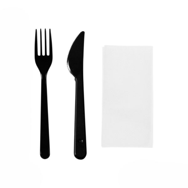 Komplet 3 plastični (viljuška, nož, salveta) u posebnom pakovanju сrna [100 kom/pak]