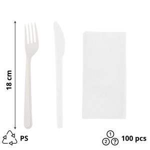Komplet 3 plastični (viljuška, nož, salveta) bela [100 kom/pak]