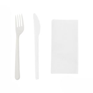 Komplet 3 plastični (viljuška, nož, salveta) bela [100 kom/pak]