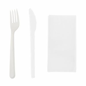 Komplet 3 plastični (viljuška, nož, salveta) bela
