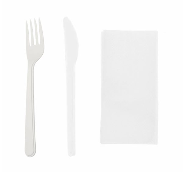 Komplet 3 plastični (viljuška, nož, salveta) bela